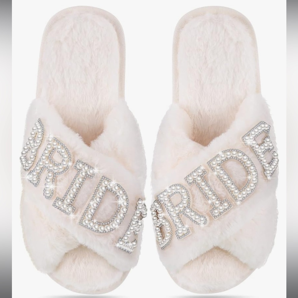 White Bride fuzzy slippers